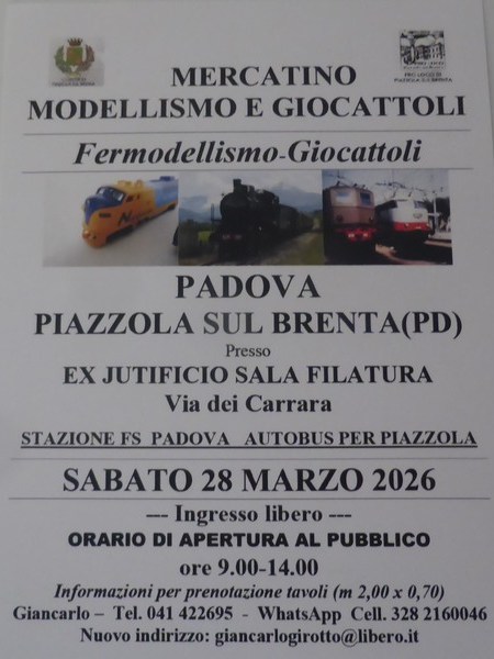 Sabato 28 marzo Mercatino modellismo e giocattoli a Piazzola sul Brenta&nbsp;(PD)